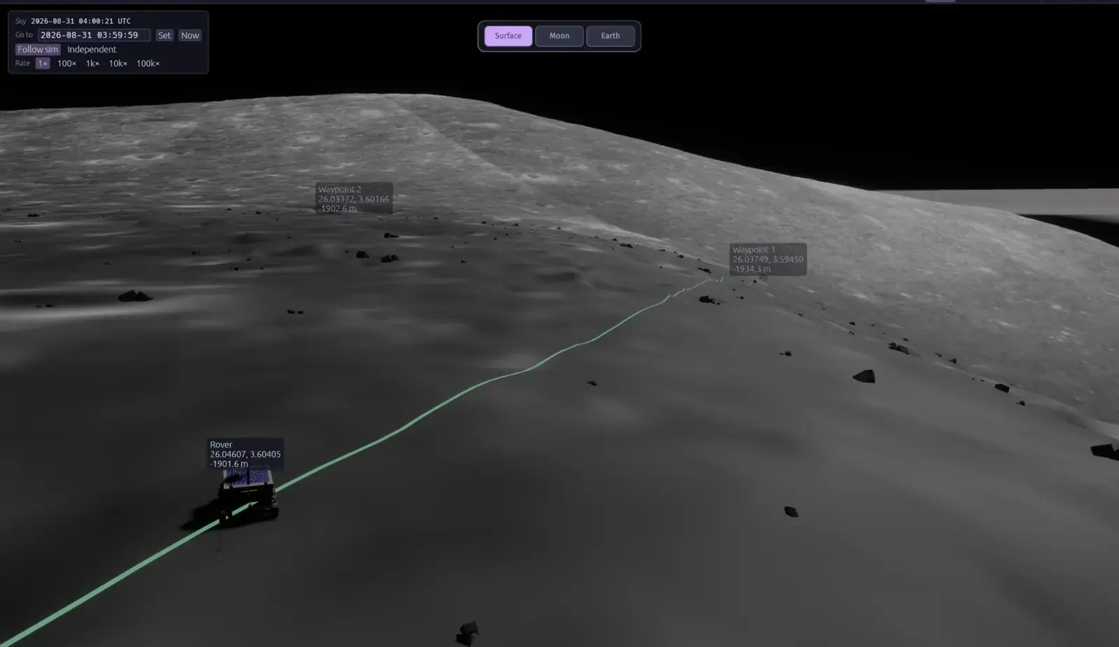 LunCoSim authored camera view over an Apollo 15 lunar traverse route