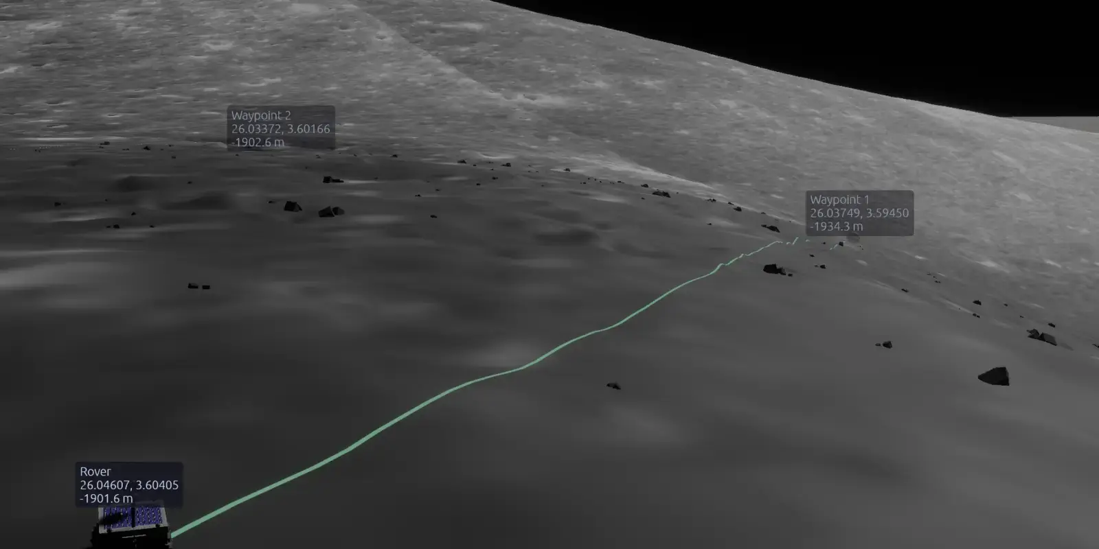 LunCoSim lunar traverse view with a rover route and waypoint labels