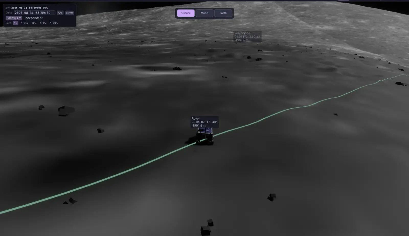 LunCoSim authored lunar terrain view with scene controls and a route overlay