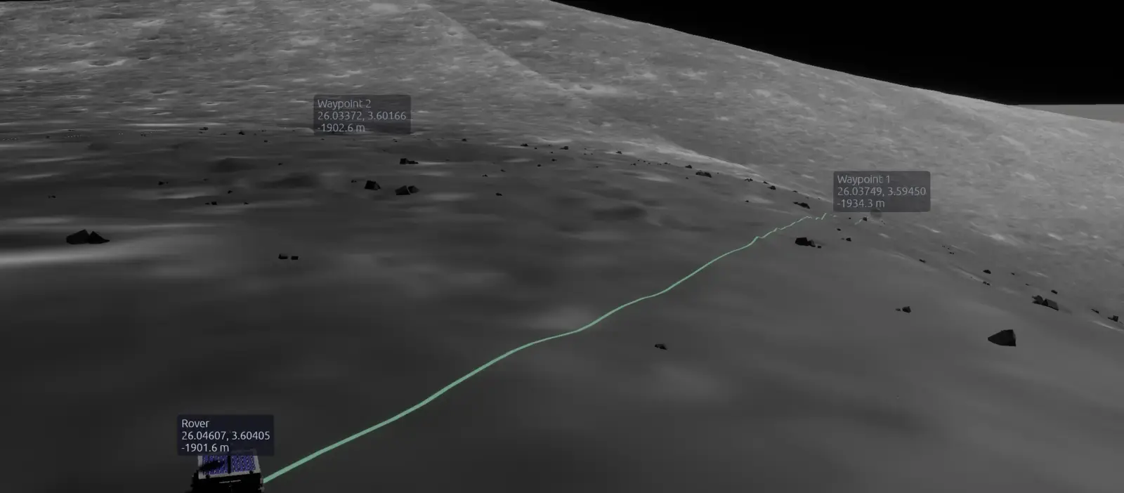 LunCoSim lunar route view with terrain and waypoint labels