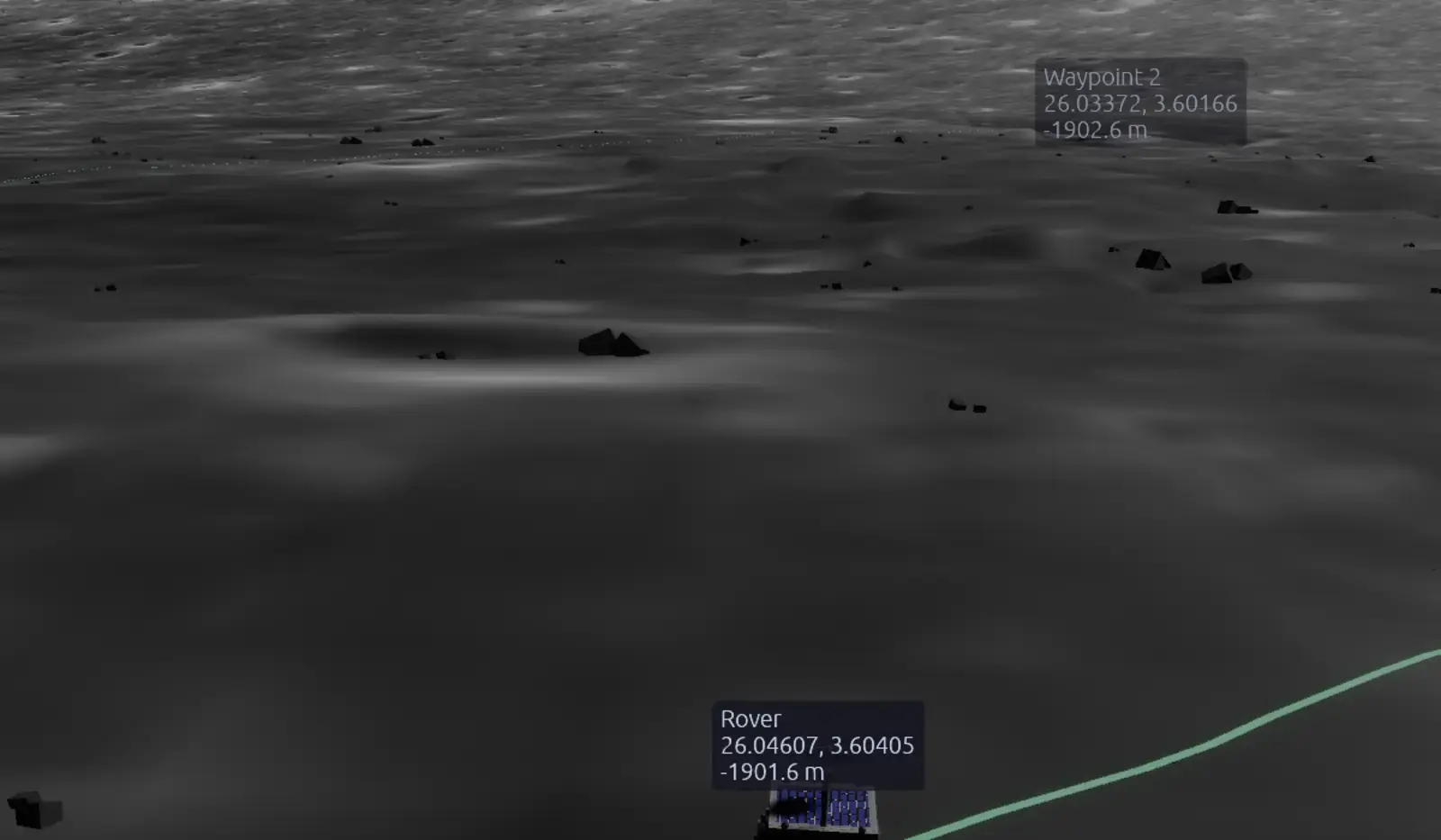 LunCoSim lunar surface terrain with a rover route and waypoint marker