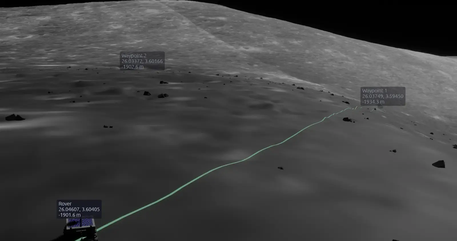 LunCoSim lunar traverse overview showing terrain and a marked route