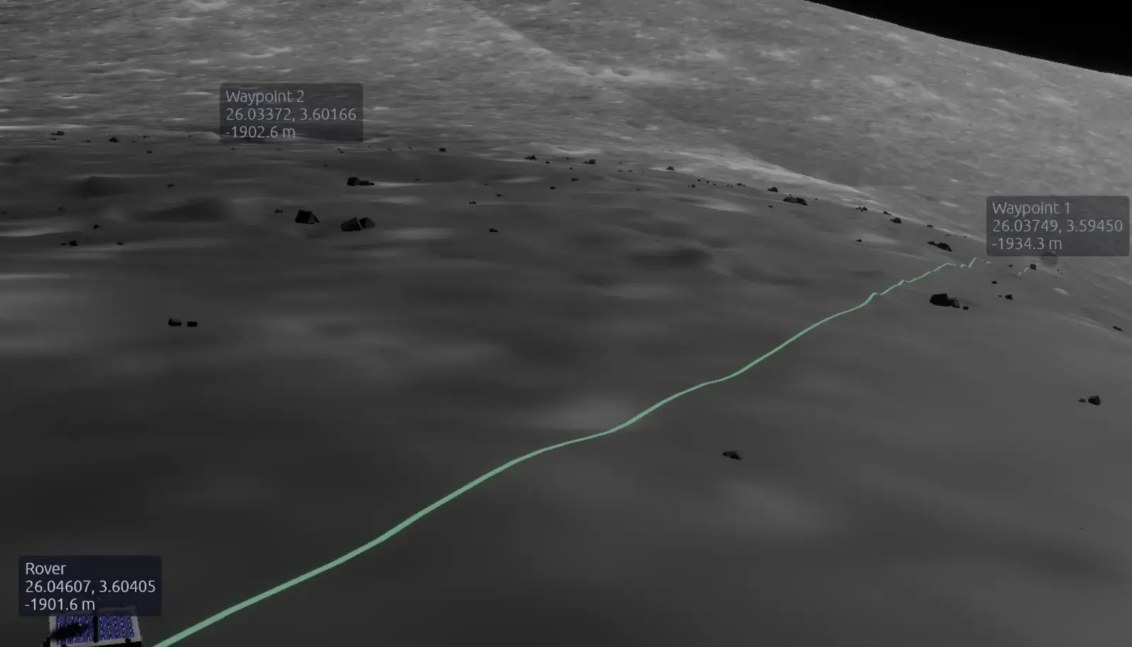 LunCoSim terrain view with waypoint labels and mission controls