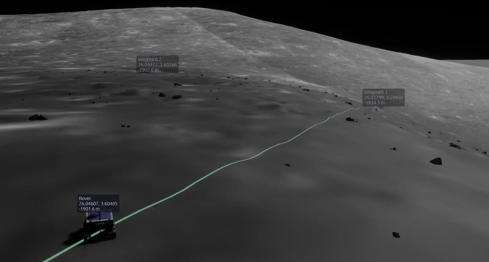 LunCoSim rover following a marked lunar traverse route between waypoints