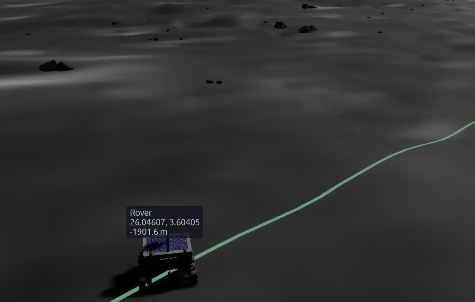 LunCoSim rover on lunar terrain with its live coordinate label and route