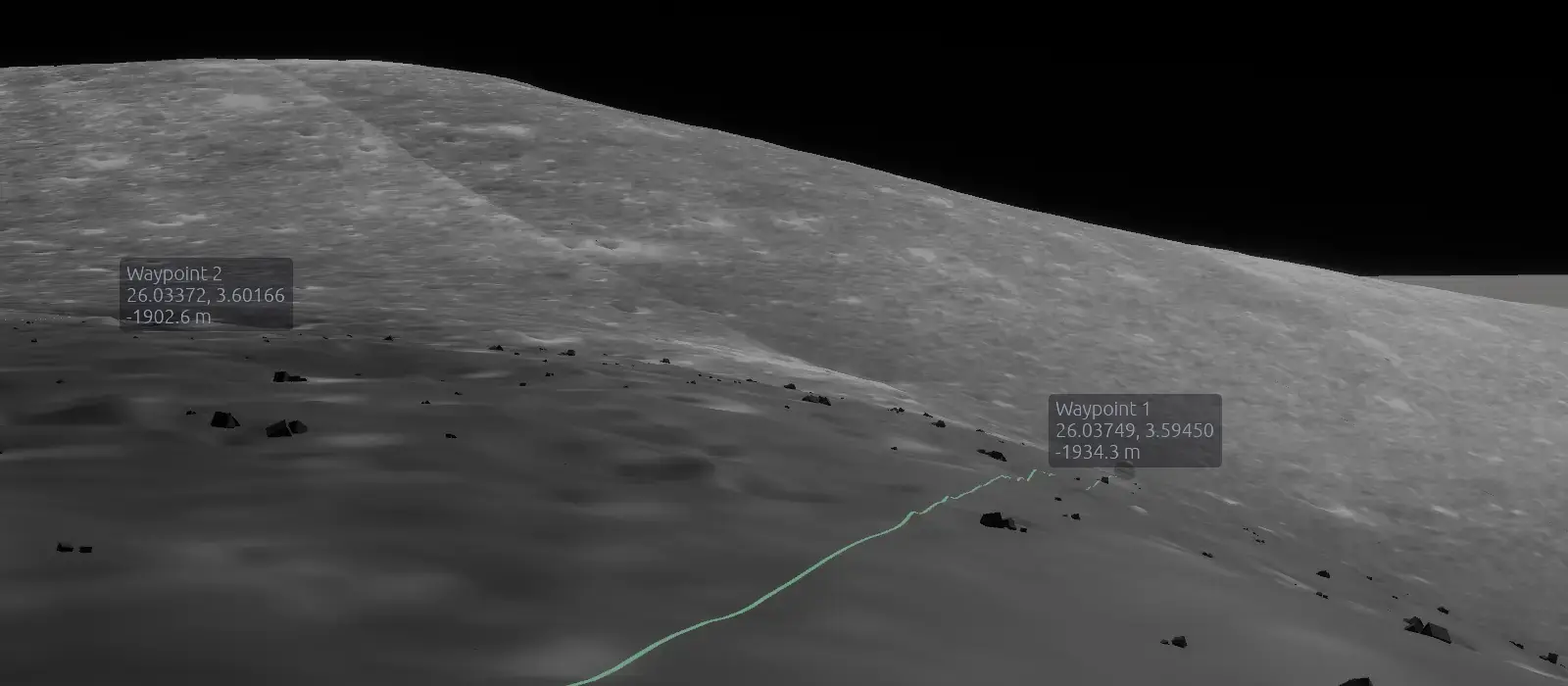 LunCoSim rover route crossing lunar terrain in a mission study