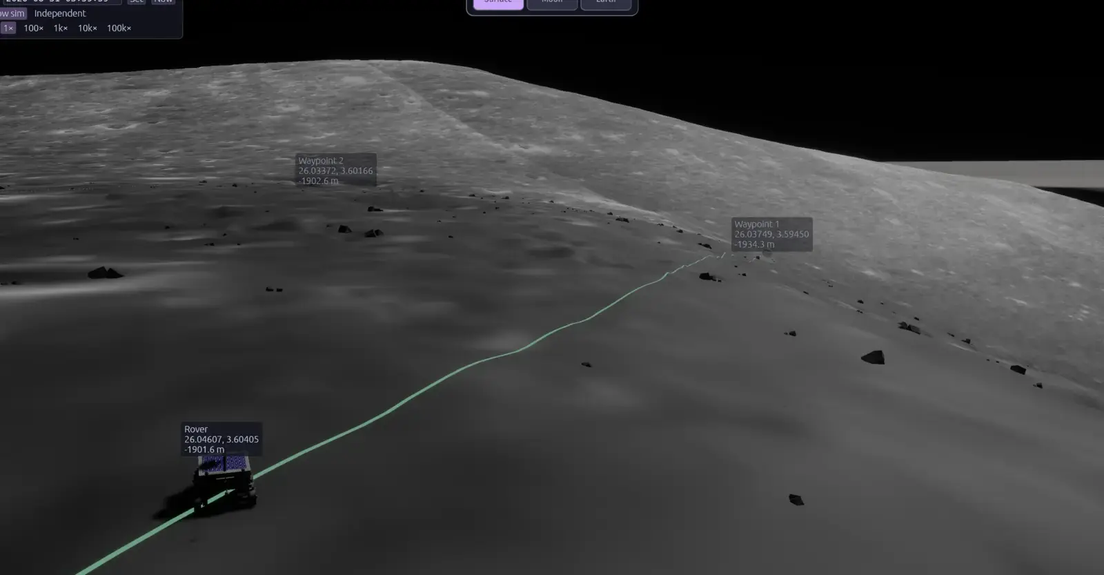 LunCoSim overview of an Apollo 15 lunar traverse with terrain and route