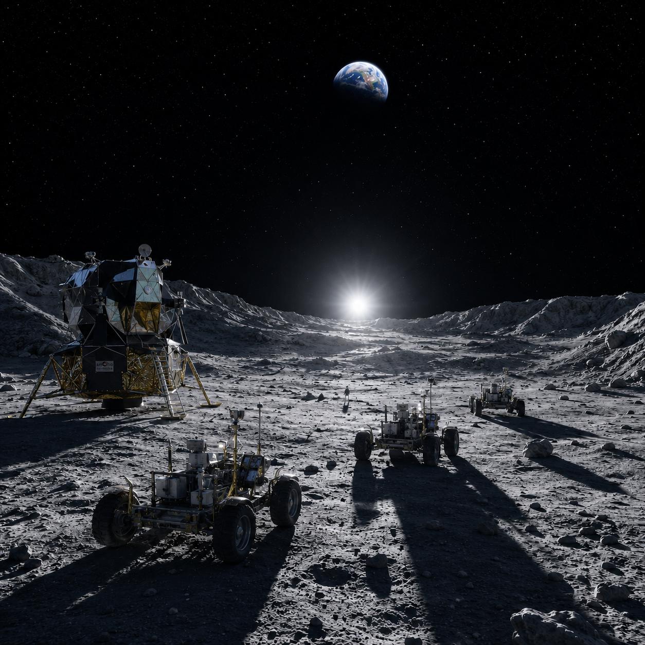 Lunar landing site with lander and rovers at the South Pole