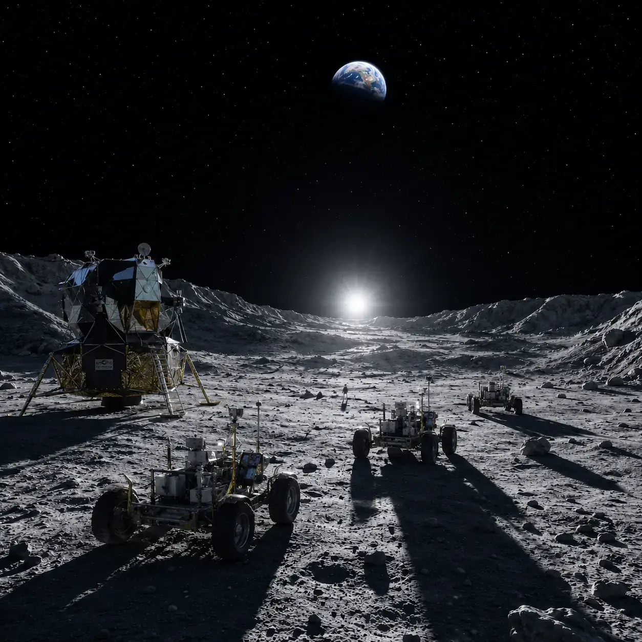 Lunar landing site with lander and rovers at the South Pole